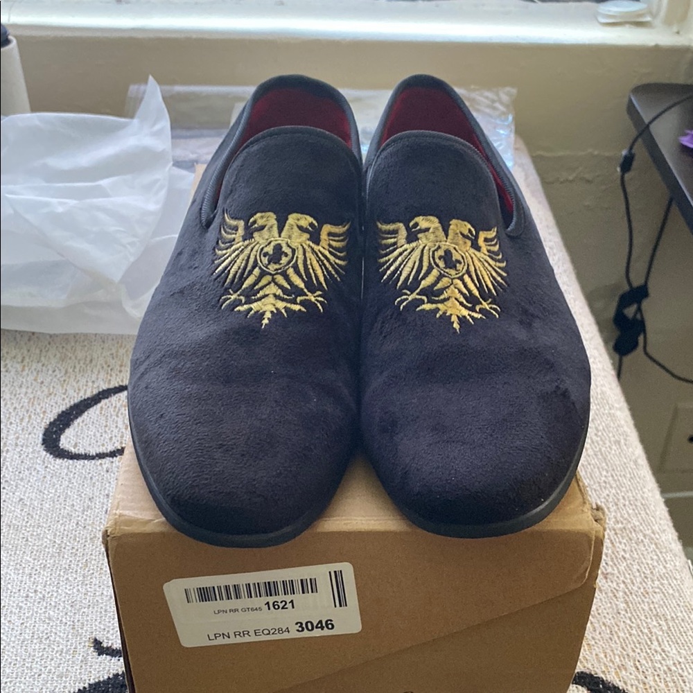 Jousen Black Suede Loafers with Gold Embroidery